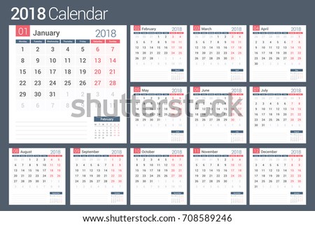 2018 Calendar template, planner, 12 pages, vector eps10 illustration