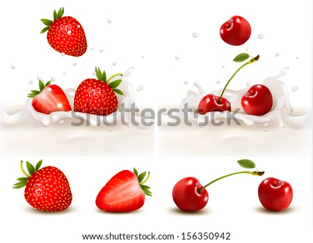 Red fruits falling into the milky splash. Vector illustration