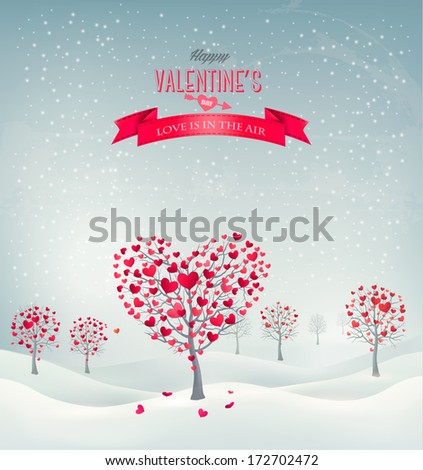 Holiday retro background. Valentine trees with heart-shaped leaves. Vector illustration.