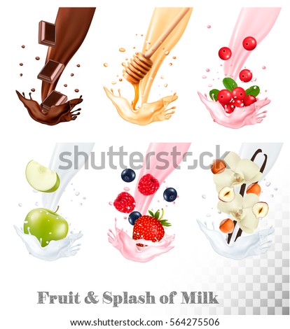 Big collection of fruit and berries in a milk splash. Raspberry, strawberry, honey, nut, chocolate, blueberry, nuts, cow berry, apple. Vector Set