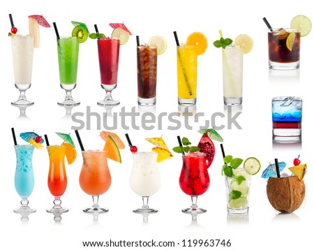 set of cocktails soft and long-drinks ind front of white background - stock photo
