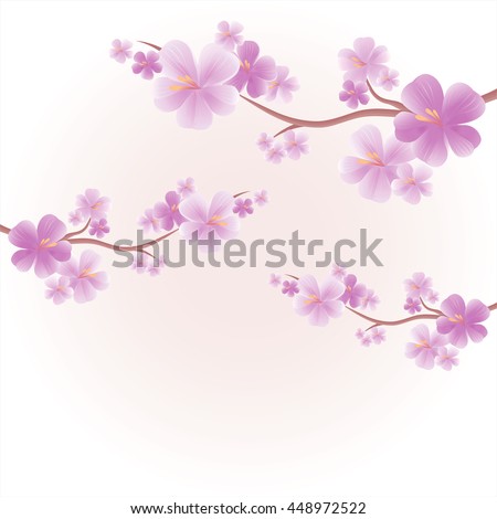 Flowers design. Flowers background. Apple tree flowers. Branches of sakura with Purple flowers isolated on Light Pink Purple color background. Cherry blossom branches. Vector