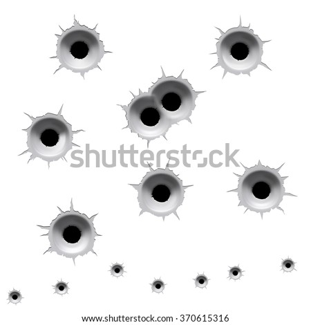 Bullet holes set in metal isolated on white