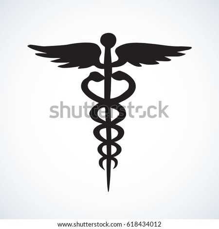 Ancient rx hermes rod on white background. Web outline logo concept. Freehand linear black ink hand drawn picture emblem in art retro engraving contour style. View closeup with space for text