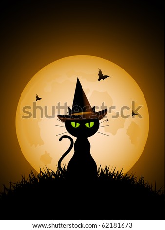 Halloween Cat Wearing Witches Hat Against A Full Moon With Vampire Bats