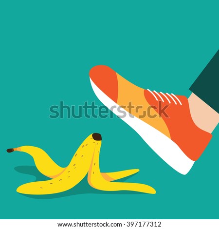 Person slipping on a banana peel flat design. EPS 10 vector.