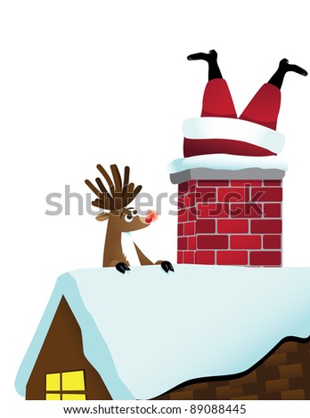 Reindeer sees Santa stuck in the chimney EPS 8 vector, grouped for easy editing,