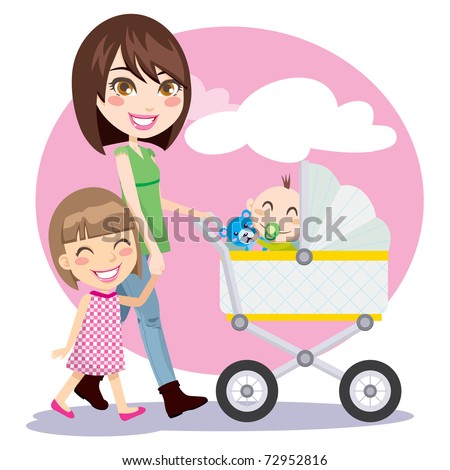 Woman holding hands with little girl and pushing baby carriage