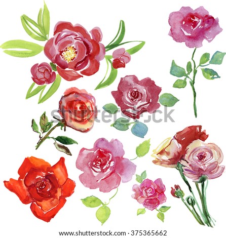 Set Flowers Multicolored Roses Leaves Stock Vector 190973795 - Shutterstock