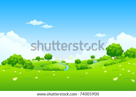 Green Landscape with trees clouds flowers and mountains