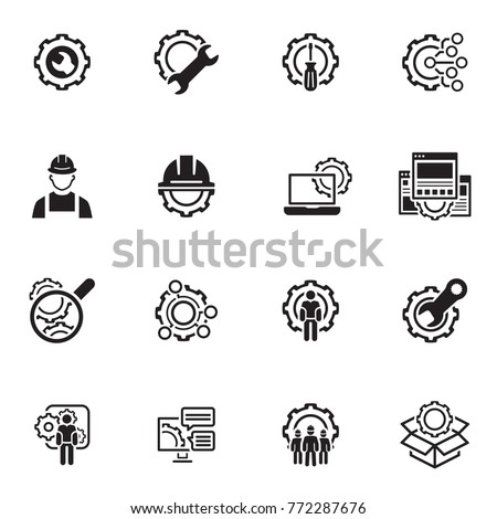 Simple Set of Engineering Flat Line Icons. Contains such Symbols as Manufacturing, Technology, Engineer, Team, Solutions, Service and more.