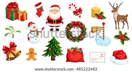 Christmas icons set. Holiday objects collection illustration: santa, wreath, north pole, snowman, gift, christmas tree, santa hat, bag, reindeer, mistletoe, holly, toy, bell