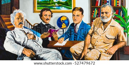Group portrait of the iconic American writers Mark Twain, Edgar Allan Poe, F Scott Fitzgerald, and Ernest Hemingway in a home office setting.