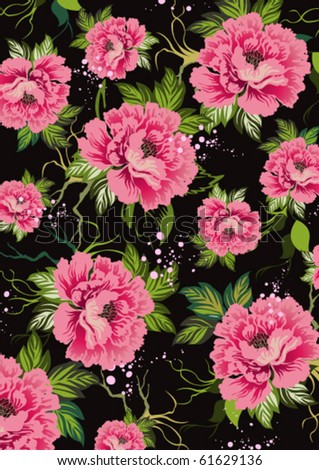 contrasting background of roses and leaves on a black