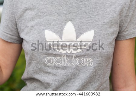 ZLATAR BISTRICA, CROATIA - JUNE 22, 2016: Adidas logo on girl's T-shirt. Adidas is German designer and manufacturer of sports clothing and accessories; largest in Europe and 2nd biggest in the world.