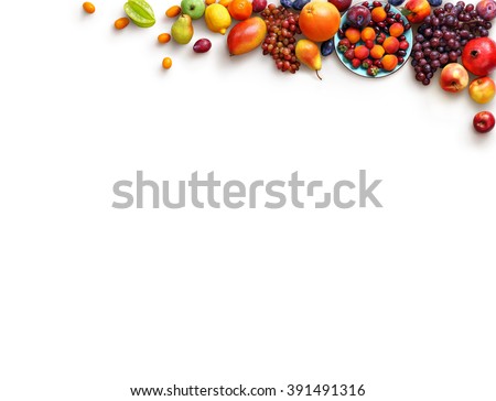 Healthy fruits background. Studio photo of different fruits isolated white background. High resolution product. Copy space