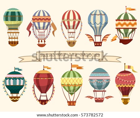Set of different hot air balloons. Flying vintage transport with wings and flags, ballast on basket and striped balloon. Old airship sport and retro travel banner, tourism and recreation, outdoor trip