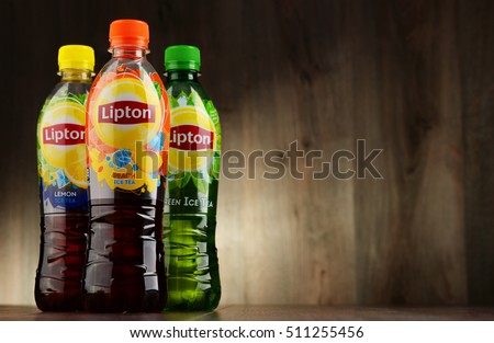 POZNAN, POLAND - NOV 4, 2016: Lipton Ice Tea is a soft drink brand sold by Lipton belonging to Unilever, a British-Dutch multinational consumer goods company.