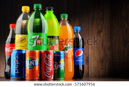 POZNAN, POLAND - JAN 18, 2017: Global soft drink market is dominated by brands of few multinational companies founded in North America. Among them are Pepsico, Coca Cola and Dr. Pepper Snapple Group