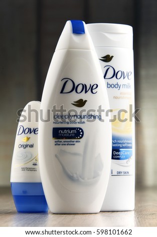 POZNAN, POLAND - MAR 2, 2017: Introduced to the British market in 1955, Dove is a personal care brand, now owned by Unilever and sold in more than 80 countries