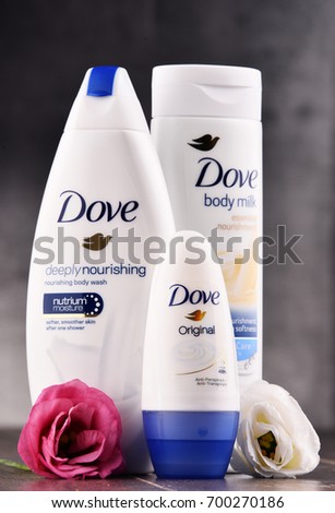 POZNAN, POLAND - AUG 11, 2017: Introduced to the British market in 1955, Dove is a personal care brand, now owned by Unilever and sold in more than 80 countries