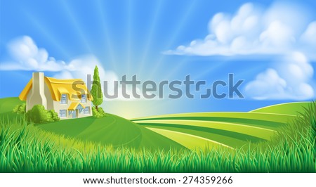 An illustration of a cute thatched farm cottage in a landscape of rolling hills