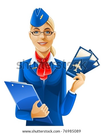 beautiful stewardess with air ticket vector illustration isolated on white background