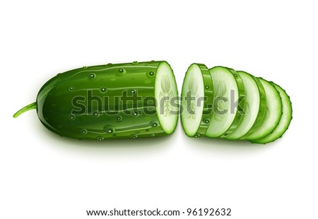 ripe cucumber cut segment vector illustration isolated on white background EPS10. Transparent objects used for shadows and lights drawing