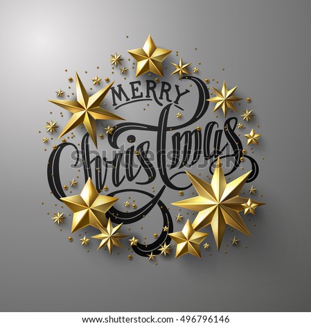 Calligraphic "Merry Christmas" Lettering Decorated with Gold Stars. Christmas Greeting Card .