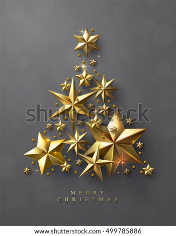 Christmas Tree made of Cutout Gold Foil Stars and Gold Beads on Grey Background. Chic Christmas Greeting Card.