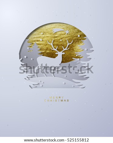 Layered cut out paper Christmas postcard with Winter Landscape and Deer on the Gold Foil Background.
