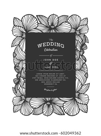 Laser cut vector wedding invitation with orchid flowers for decorative panel. Perfect for wedding or announcements, mothers day, valentines day, birthday cards. Floral pattern. Drawing of orchids.