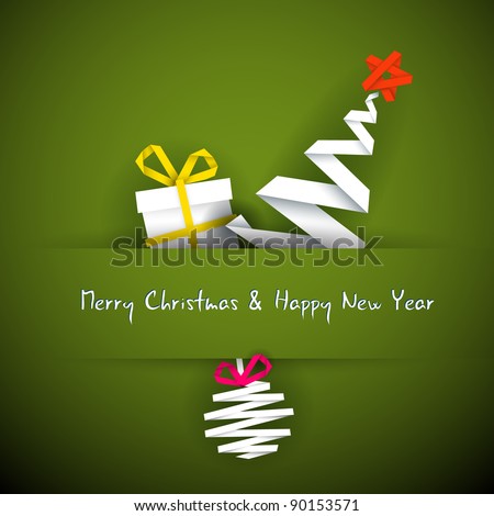 Simple vector red christmas card with gift, tree and bauble made from paper stripe