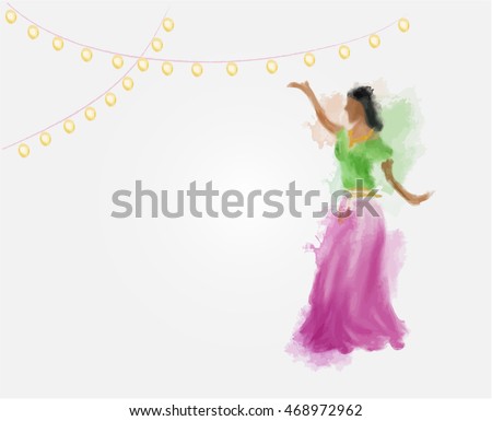 Indian Female Performs Traditional Dance With Hanging Lamp Background By Watercolor Paint Copy Space On