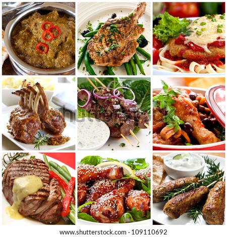 Collection of warm meat dishes. Includes lamb, pork, chicken and beef dishes. - stock photo