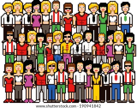 Set of pixel art people crowd vector illustration isolated on white ...