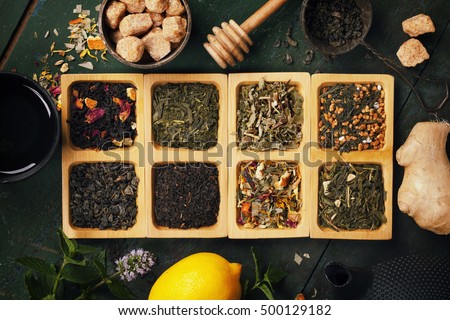 Assortment of dry tea. Tea composition with different kind of tea. Tea concept.