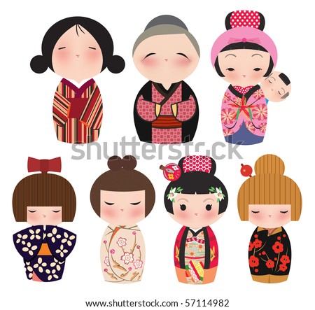 A series of cute japanese kokeshi characters.