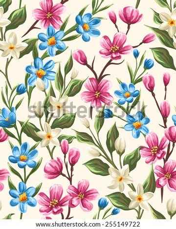 Floral seamless pattern with gentle spring pink, beige and blue flowers