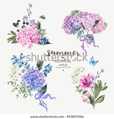 Set of vintage floral vector bouquet of blooming hydrangea and garden flowers, botanical natural hydrangea Illustration on white. Summer floral hydrangea greeting card in watercolor style