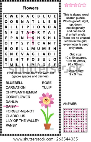 flowers themed zigzag word search puzzle stock vector