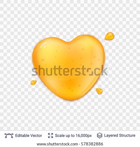 Heart shaped honey drop on transparent background. Realistic vector objects with shadows and highlights.