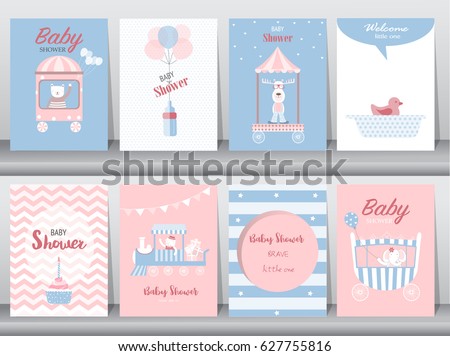 Set of baby shower invitation cards,birthday cards,poster,template,greeting cards,cute,bear,train,car,animal,Vector illustrations