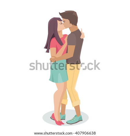 Loving Couple Kissing Cartoon Girl Boy Stock Vector 407906638