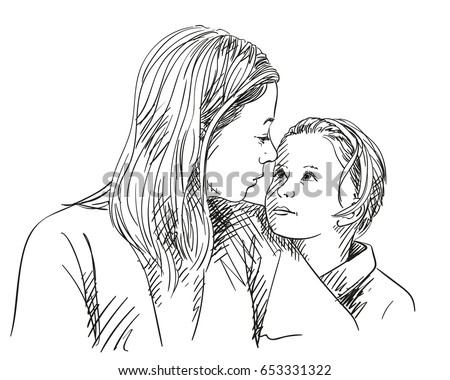 Portrait of happy mother and daughter looking at each other, Vector sketch isolated on white, Hand drawn line art illustration