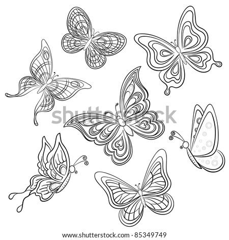 Set various butterflies, monochrome contours on a white background ...