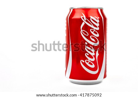 LONDON, UK - MAY 6TH 2016: A can of Coca Cola drink isolated over a plain white background, on 6th May 2016. The drink is produced and manufactured by The Coca-Cola Company.