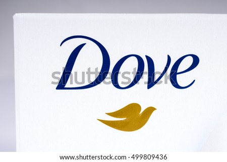 LONDON, UK - OCTOBER 13TH 2016: A close-up shot of the Dove brand Logo, on 13th October 2016. The Dove product brand is owned and produced by the Unilever company.
