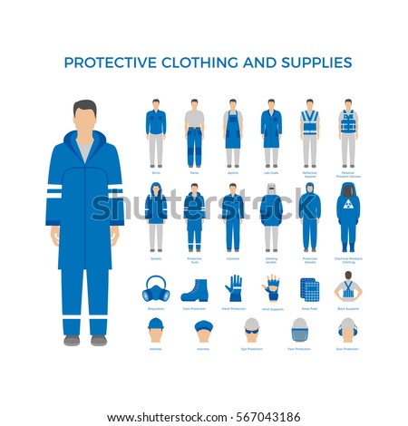 Vector set of men in protective clothes and icons of safety equipment. Flat icons for construction and other industries.