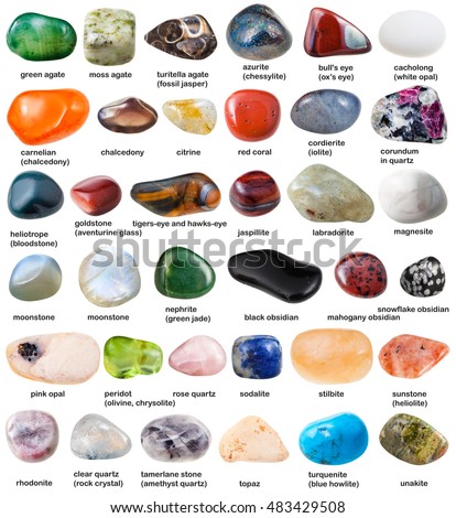 Collection Various Tumbled Gemstones Names Isolated Stock Photo ...